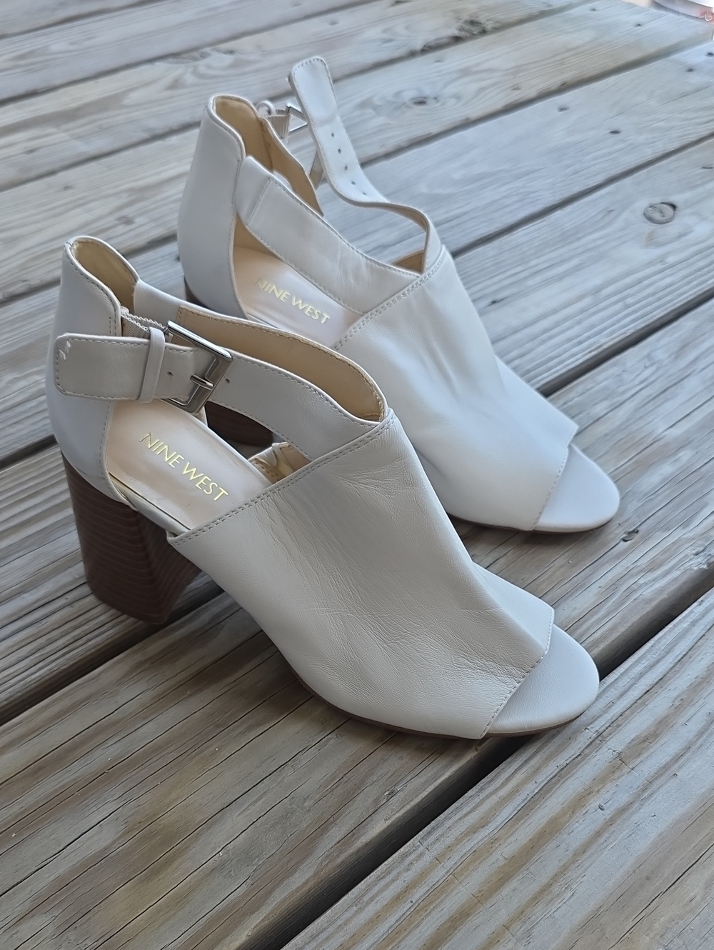 Nine West White Open-Toe Block Heel Sandals with Ankle Strap